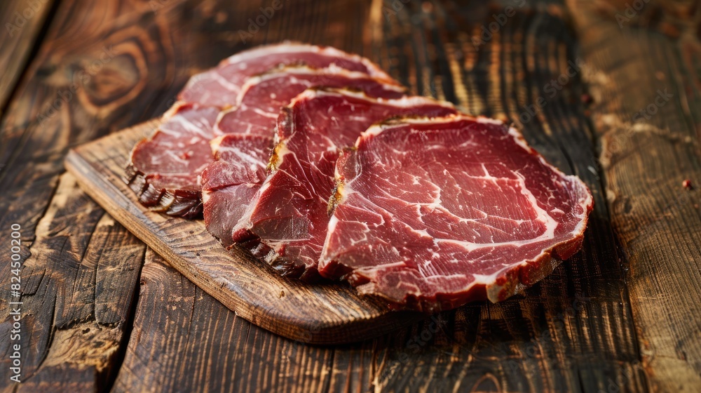 Obraz premium Thick slices of fatty meat on a wooden table