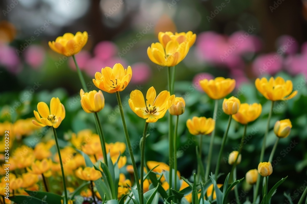 Vibrant yellow tulips in a garden