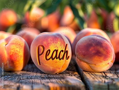 Ripe peaches on wooden surface photo
