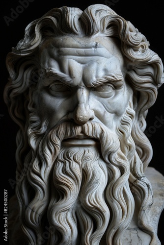 Dramatic stone sculpture of an elderly man with flowing hair and beard