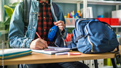 A student sitting at a desk, organizing their backpack and school supplies in preparation for the first day of classes after the summer break. photo