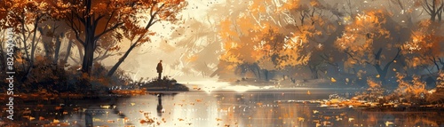 A solitary figure stands by a serene autumn lake, surrounded by vibrant fall foliage and golden reflections in a tranquil, misty morning scene.