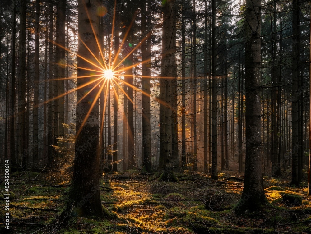 Sunlight bursting through the forest canopy