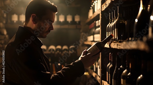 Elegant Sommelier Selecting Fine Wine from Restaurant Cellar Shelves