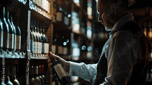 Man contemplating a fine wine selection at an ambient wine shop photo