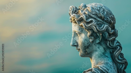 Weathered stone statue against turquoise sky © Balaraw