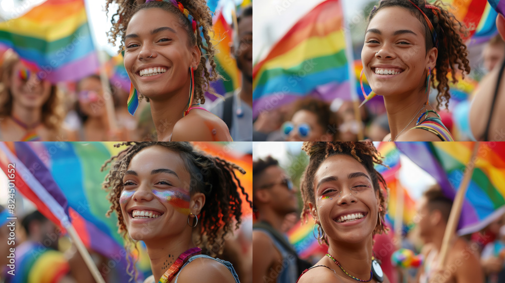 smiling young girl with a rainbow flag at a gay pride march, festival, people, man, boy, makeup, lgbt, June 28, demonstration, non-binary, bisexual, homosexual, person, portrait, parade, action smiling young girl with a rainbow flag at a gay pride march, festival, people, man, boy, makeup, lgbt, June 28, demonstration, non-binary, bisexual, homosexual, person, portrait, parade, action
