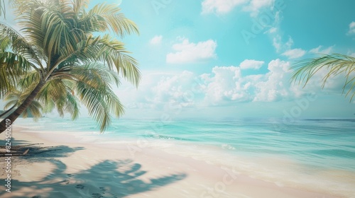 A tranquil beach scene with soft sand  turquoise water  and swaying palm trees.