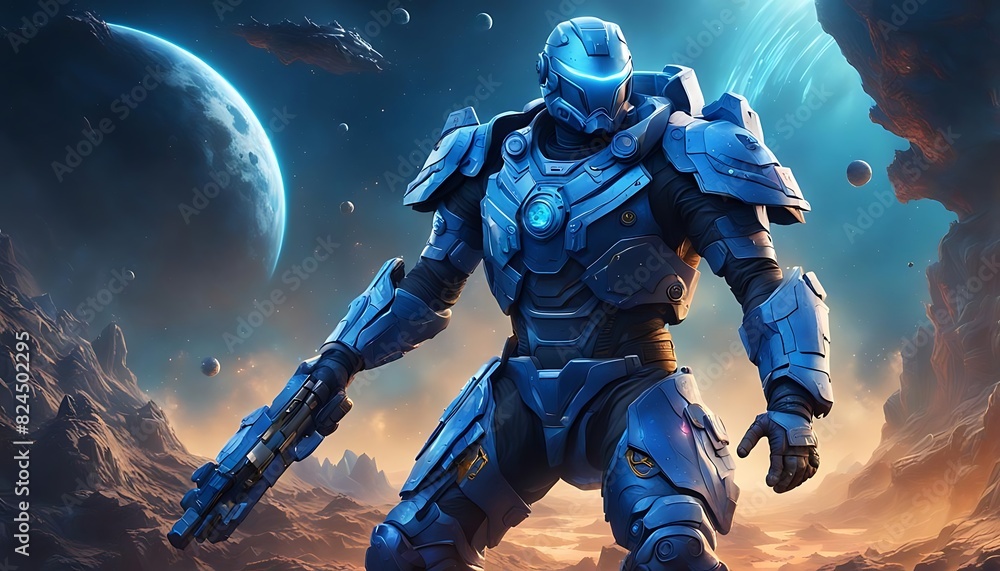 Fototapeta premium Man in Futuristic Suit Standing in Front of Planet