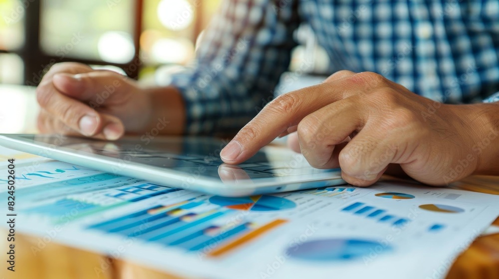 Close-up of a person's hands using a tablet with financial graphs and charts on a desk, representing data analysis and business strategy. Close-up of a person's hands using a tablet with financial graphs and charts on a desk, representing data analysis and business strategy.