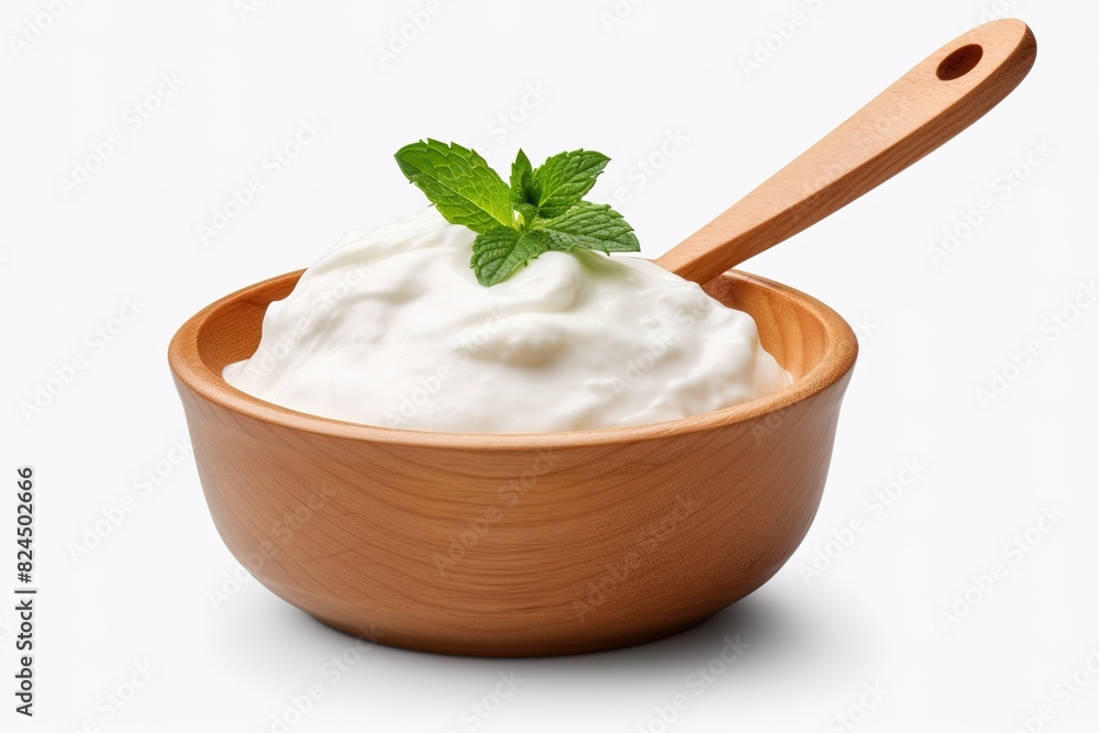 sour cream in wooden bowl and spoon, mayonnaise, yogurt, isolated on white background, clipping path, full depth of field sour cream in wooden bowl and spoon, mayonnaise, yogurt, isolated on white background, clipping path, full depth of field