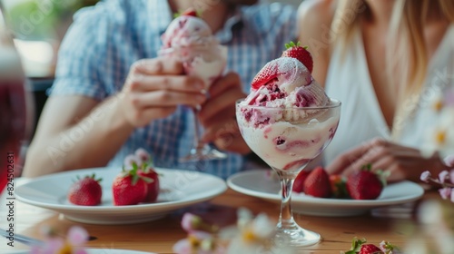 Couple eating strawberry ice cream