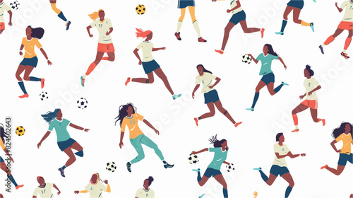 Seamless pattern with female football players on whit