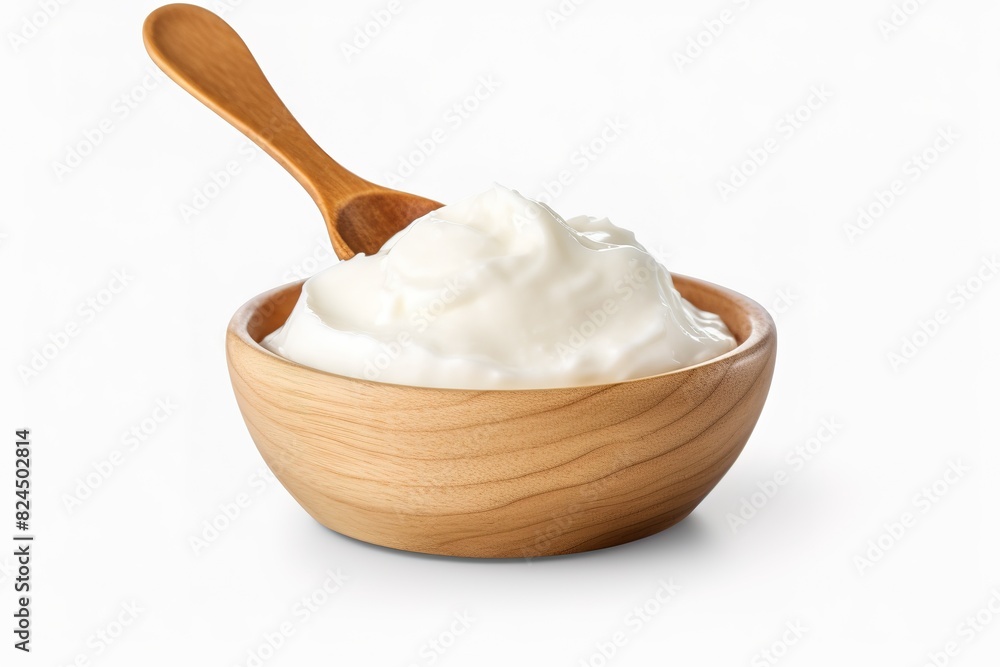 sour cream in wooden bowl and spoon, mayonnaise, yogurt, isolated on white background, clipping path, full depth of field sour cream in wooden bowl and spoon, mayonnaise, yogurt, isolated on white background, clipping path, full depth of field