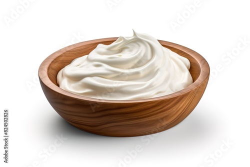 sour cream in wooden bowl and spoon, mayonnaise, yogurt, isolated on white background, clipping path, full depth of field