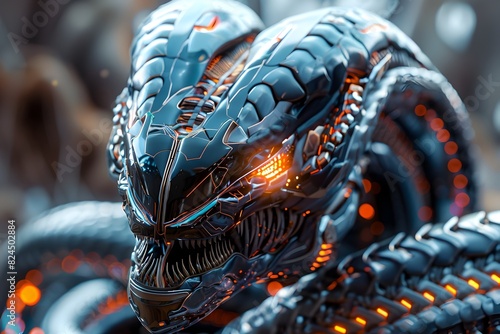 Colossal Cyborg Hydra Warrior - Breathtaking 3D Render of Cutting-Edge Serpentine Being with Gleaming Titanium Scales and Bioluminescent Energy photo