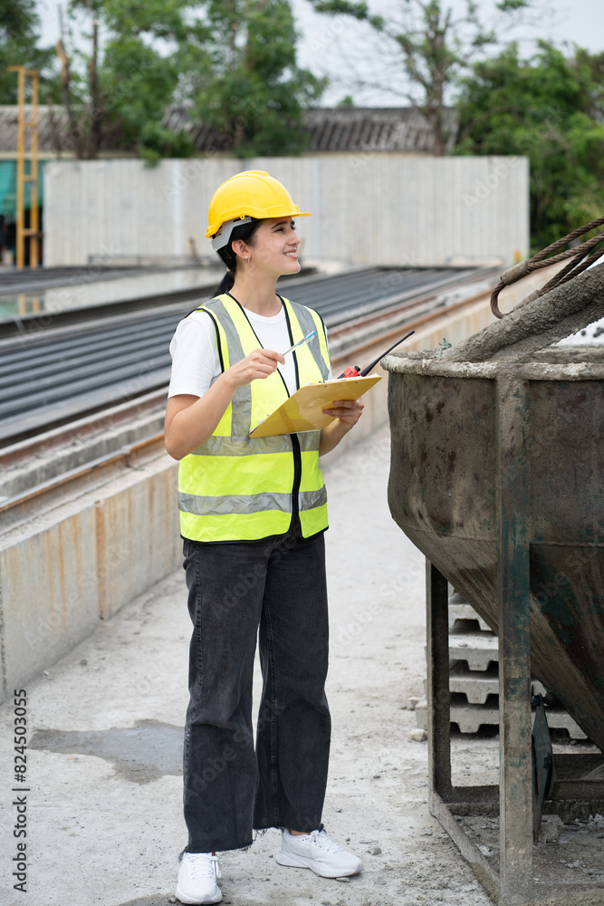 Portrait Hispanic Latin engineer worker woman working with cement precast and concrete mix at precast cement outdoor factory Portrait Hispanic Latin engineer worker woman working with cement precast and concrete mix at precast cement outdoor factory