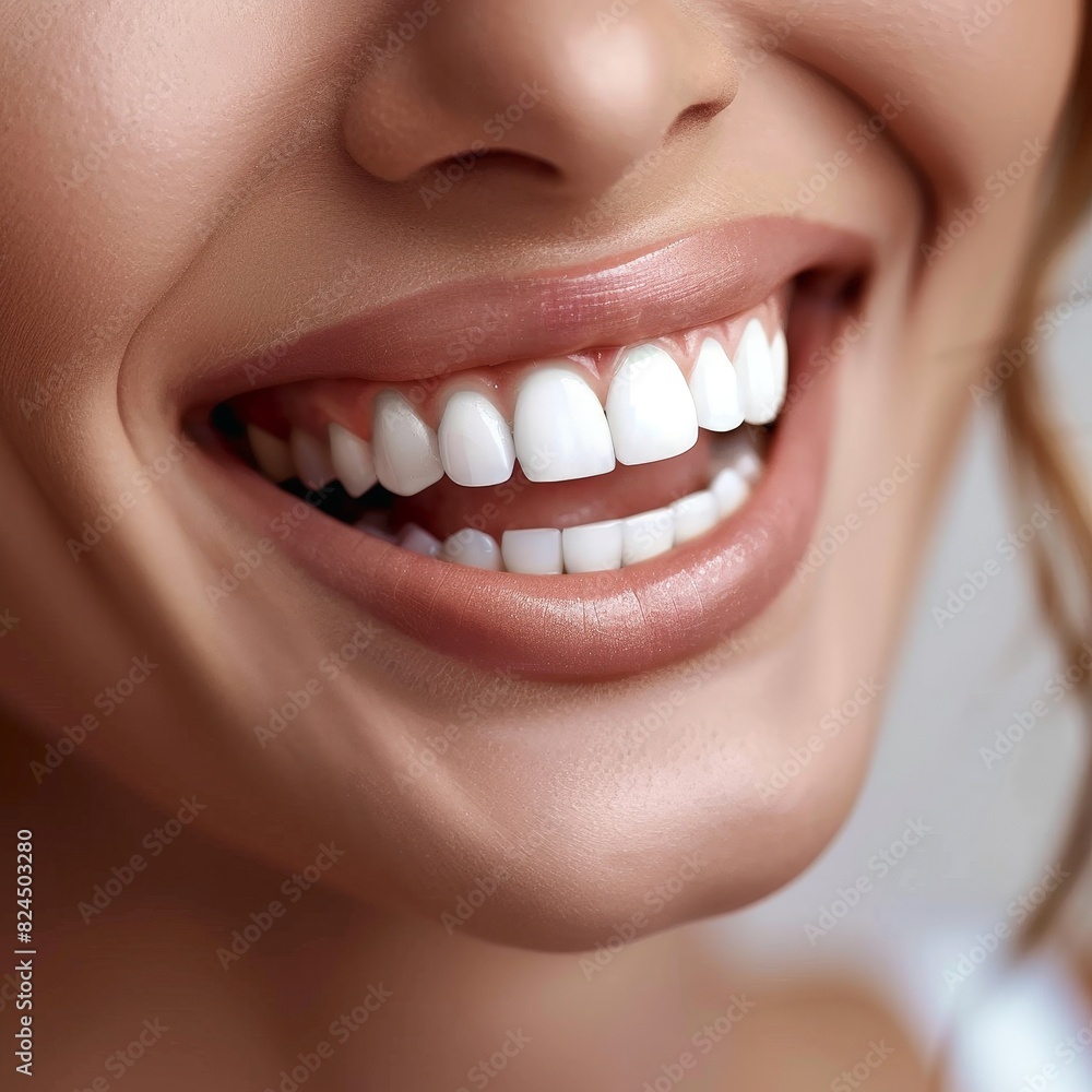 Close-up of a smiling woman's face with perfect teeth Close-up of a smiling woman's face with perfect teeth