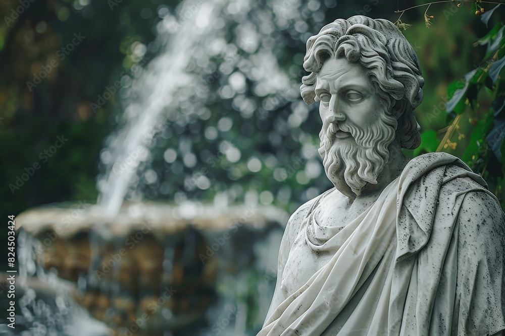 Statue of a bearded man in a garden with a fountain
