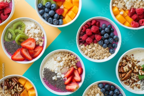 Colorful bowls filled with fresh fruit and granola placed on a table