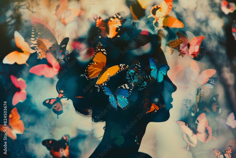 The image combines a woman's silhouette with an overlay of vibrant, multi-colored butterflies, creating a dreamlike composition The image combines a woman's silhouette with an overlay of vibrant, multi-colored butterflies, creating a dreamlike composition
