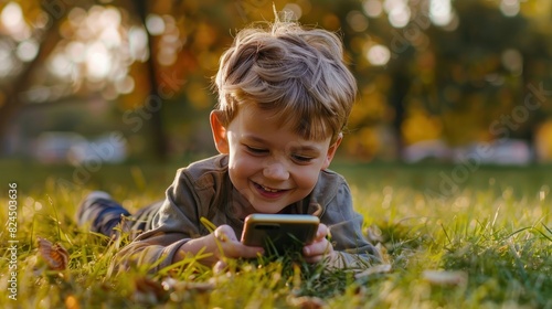 A little boy lies smiling and looks at his phone on the grass in the park.