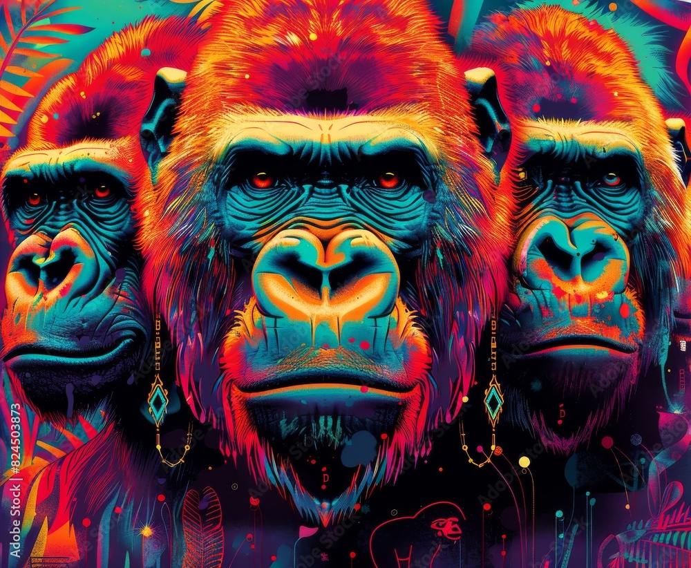 A vivid street art painting featuring two colorful gorilla faces with intricate patterns and adornments