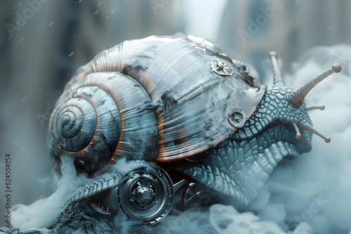 Cybernetic Snail Warrior Emerges from Billowing Smoke in Dystopian Clockwork Landscape photo