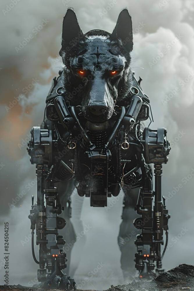 Fototapeta premium Cybernetically Enhanced Canine Combatant in Advanced Robotic Exoskeleton with Bionic Limbs and Razor-Sharp Titanium Claws