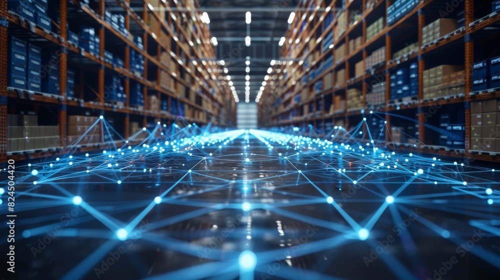 Obraz premium A holographic projection of a supply chain network diagram in a logistics center, business, dynamic and dramatic compositions, with copy space