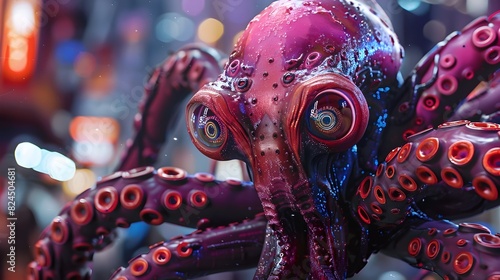 Cybernetically Enhanced Octopus Warrior Scanning Futuristic Neon Soaked Environment in Hyper Detailed 3D Render © lertsakwiman