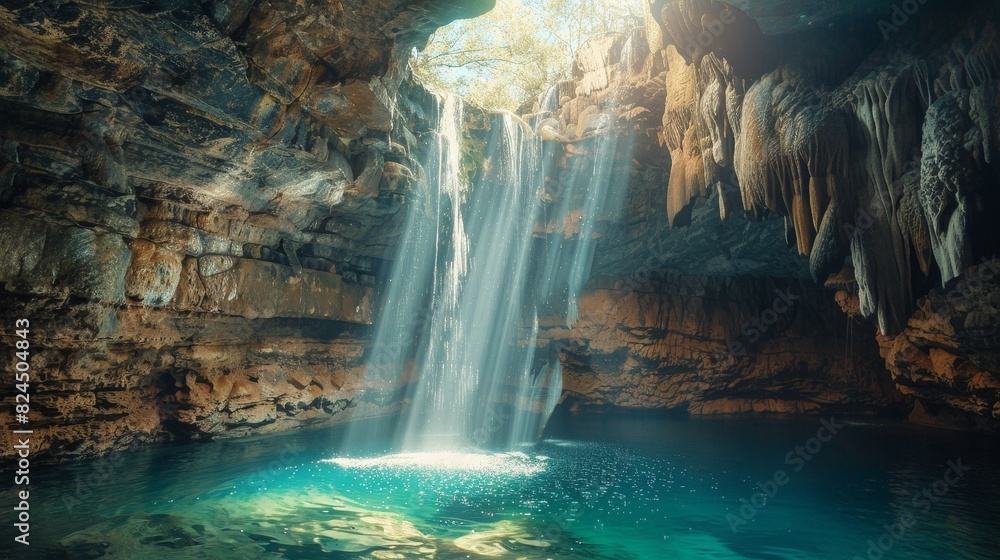 Stunning underground waterfall in a cave