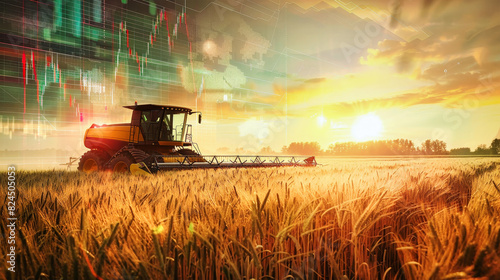 Tractor cutting through a wheat field, contrasted against stock exchange charts showing fluctuating prices for agricultural goods