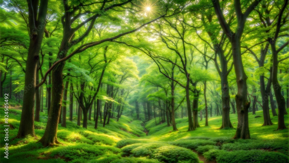 A sunlit path winds through a vibrant green forest in the early morning light A sunlit path winds through a vibrant green forest in the early morning light