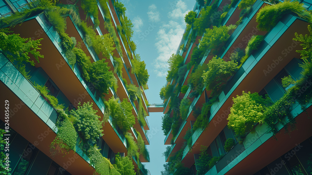 A tall building covered in lush greenery, showcasing a unique blend of urban architecture and natural growth A tall building covered in lush greenery, showcasing a unique blend of urban architecture and natural growth