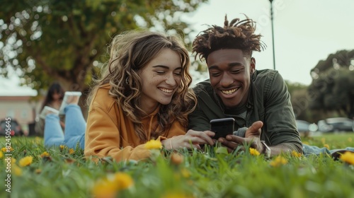 A man and woman lie smiling and look at their phones on the grass in a park.