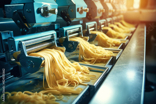 A line of pasta gently moves through a sleek, modern machine in a bustling pasta factory