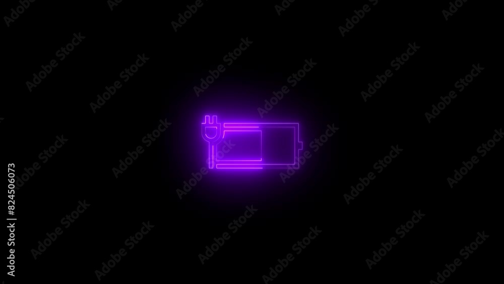 Neon battery charging icon purple glowing animation Neon battery charging icon purple glowing animation