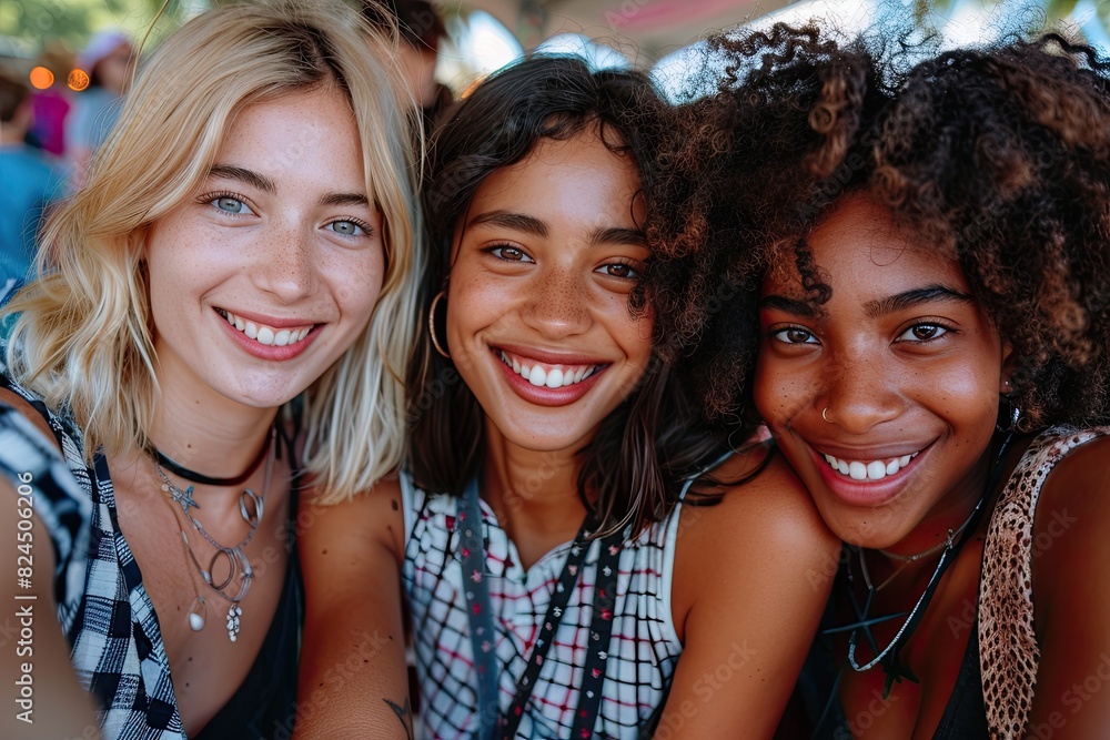 Fototapeta premium Three young women taking selfies
