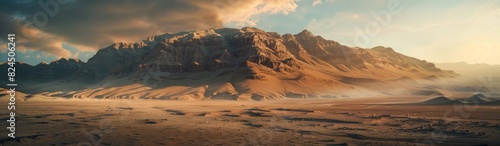 Panoramic photo of the mountain in the foreground, desert landscape, golden hour lighting, cinematic and epic scene