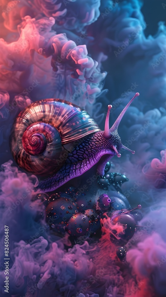 Cyborg Snail Warrior with Metallic Shell and Glowing Cybernetic Implants in Vibrant Smoke-Filled Background Cyborg Snail Warrior with Metallic Shell and Glowing Cybernetic Implants in Vibrant Smoke-Filled Background