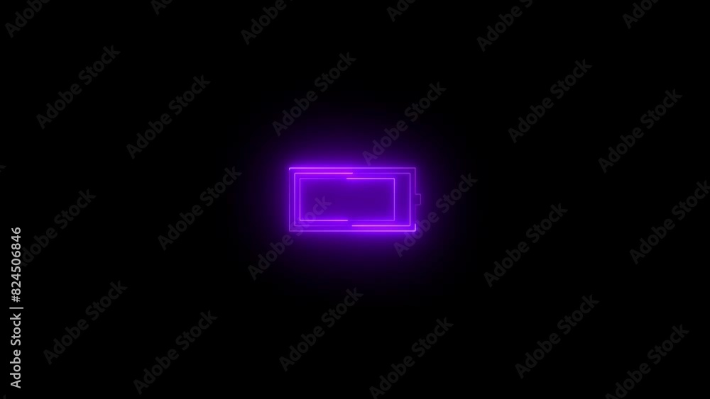 Neon battery icon purple glowing black background animation Neon battery icon purple glowing black background animation