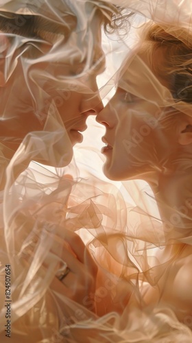 Image capturing an intimate moment between a couple with obscured facial features in a dreamy setting
