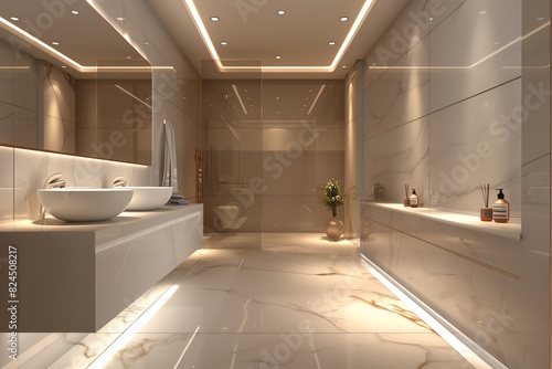 Luxurious modern bathroom interior with marble tiles, double sinks, and ambient lighting, creating a serene and elegant atmosphere. © rattapornkul