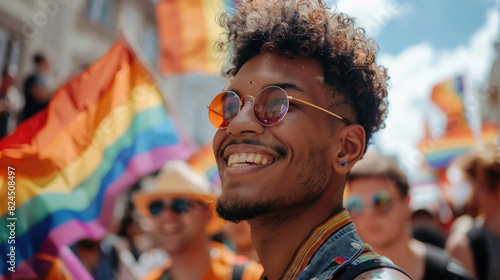 smiling young guy with a rainbow flag at a gay pride march, festival, people, man, boy, makeup, lgbt, June 28, demonstration, non-binary, bisexual, homosexual, person, portrait, parade, action, symbol © Julia Zarubina