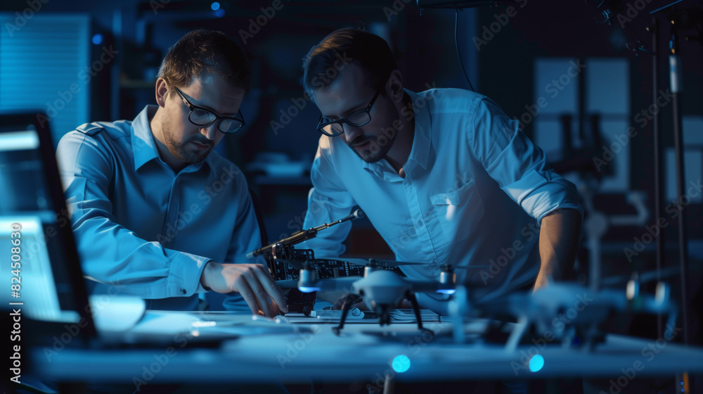 Two UAV developers are designing a new drone. Two men are repairing a drone in a dimly lit room Two UAV developers are designing a new drone. Two men are repairing a drone in a dimly lit room