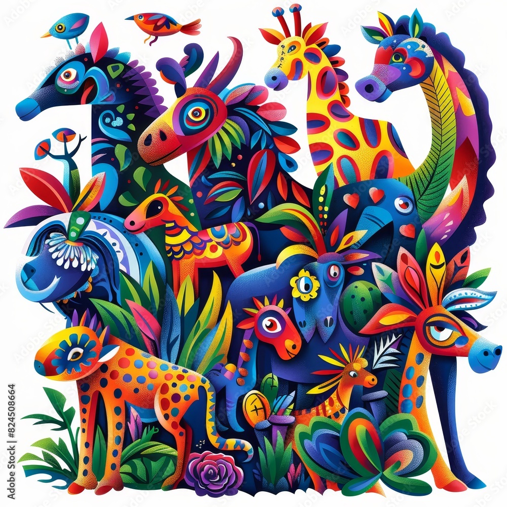A colorful drawing of animals, including giraffes, zebras, and birds