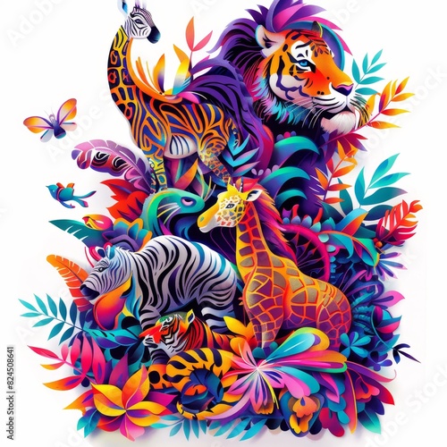 A colorful drawing of animals in a jungle