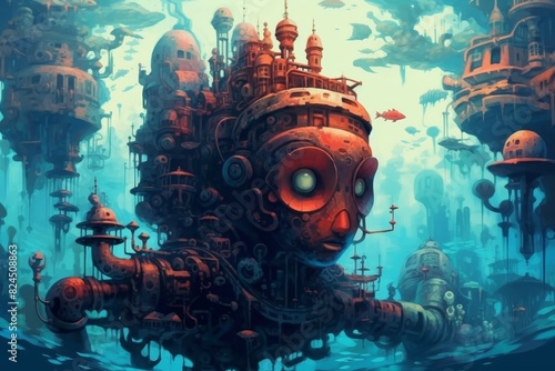 A surreal underwater cityscape with mechanical structures and glowing elements. Futuristic, imaginative, and detailed digital artwork.