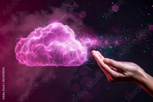 Wallpaper Mural Hand holding a glowing pink cloud network with cybersecurity features in a digital futuristic environment Torontodigital.ca
